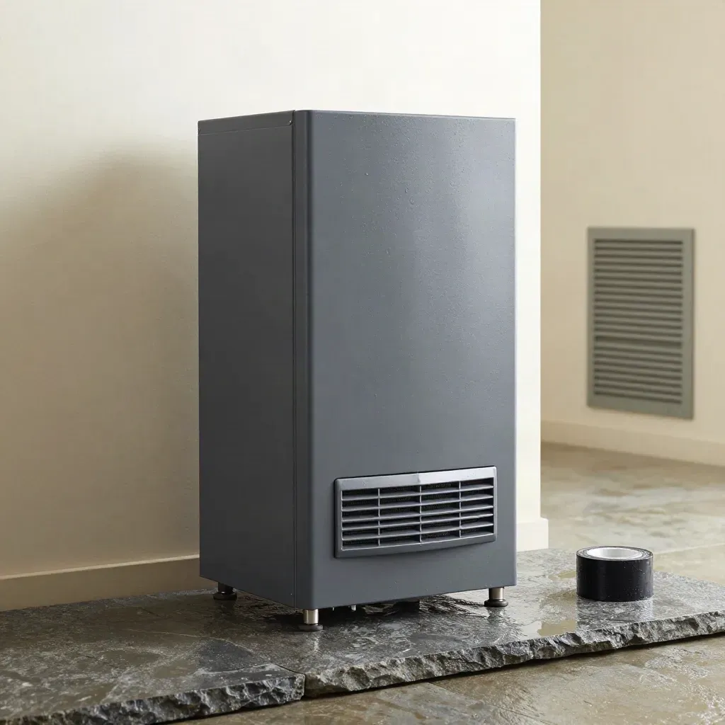 Gas furnace on a wet stone slab with duct tape, vent sections, and damp industrial light.