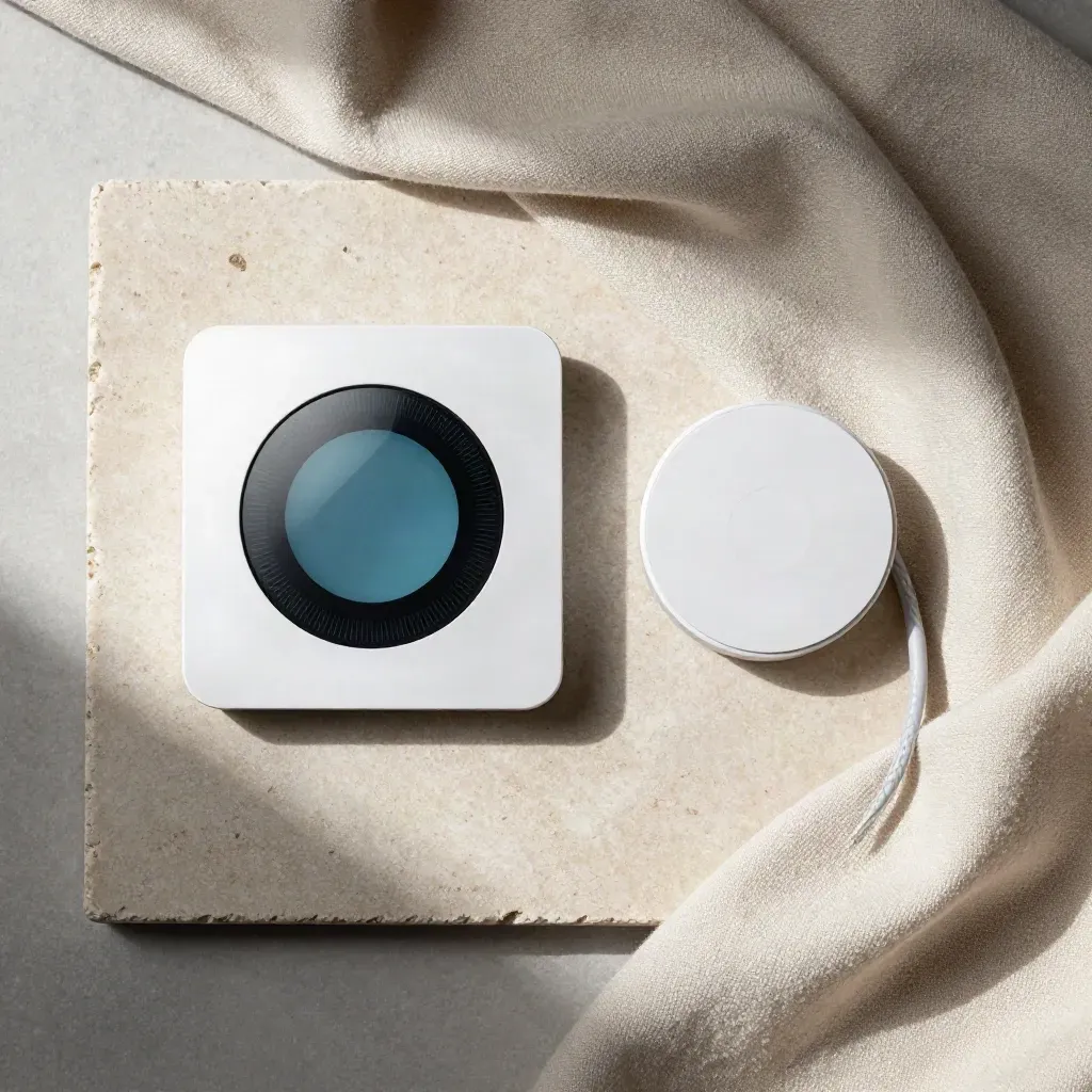 Thermostat, wall plate, sensor and braided cable on folded fabric in a clean overhead flatlay.