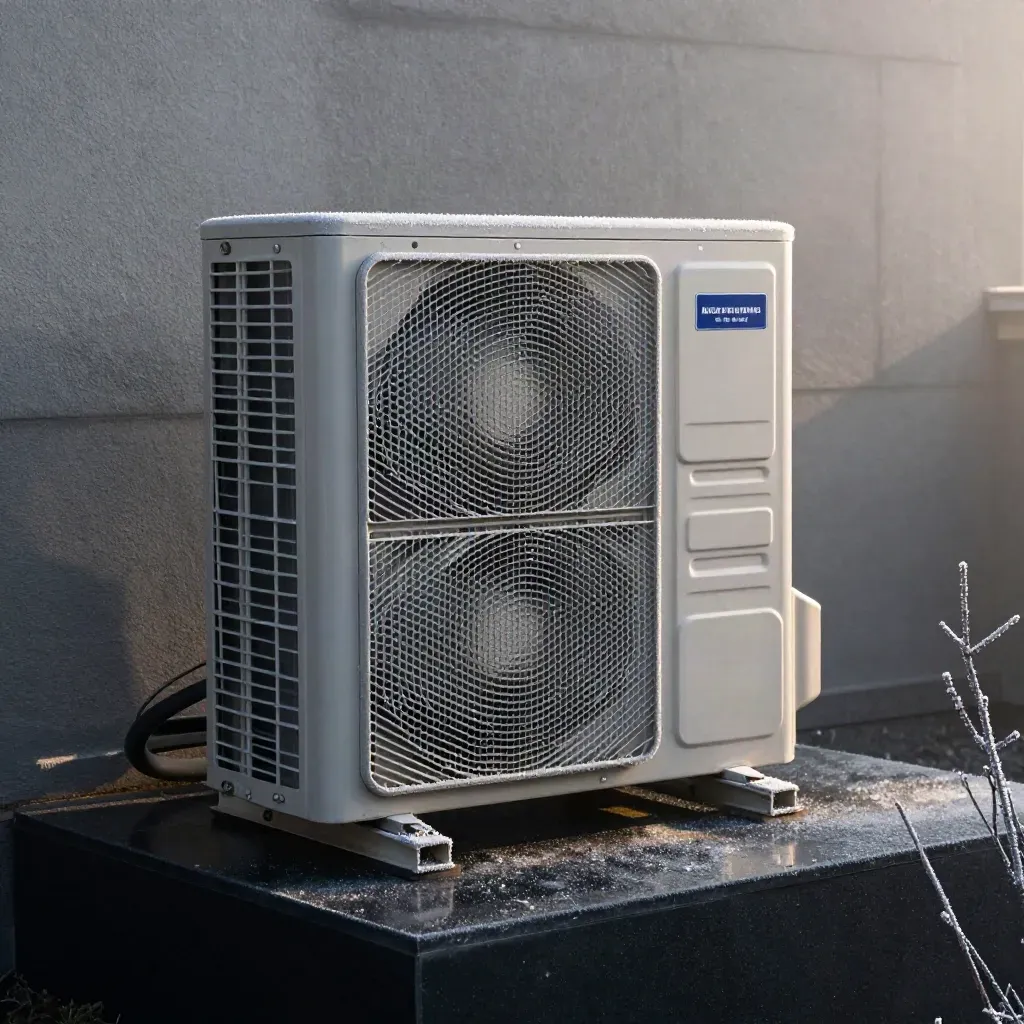Frost-rimmed outdoor heat pump unit in dark studio light with mist and bare twigs.