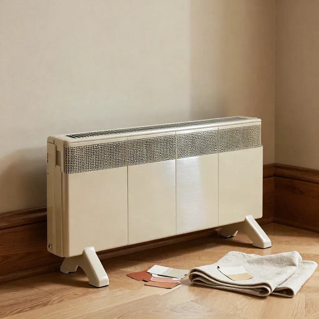 Baseboard heater detail with paint swatches, vent strip, and drop cloth in a room corner.
