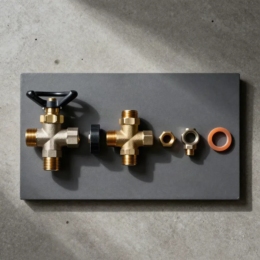 Overhead flatlay of a brass zone valve with fittings, tape, and couplers on graphite.